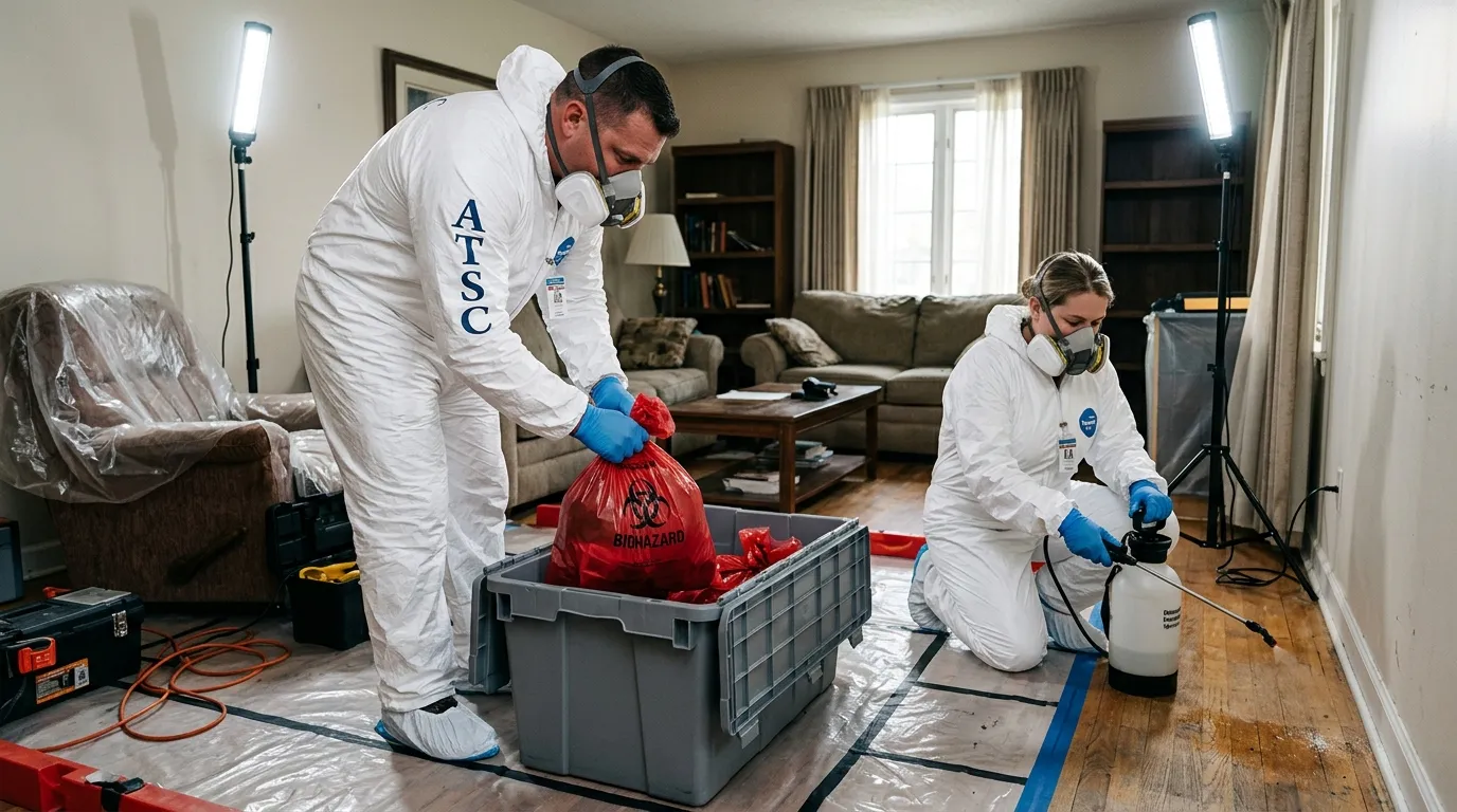 Professional Unattended Death Cleanup technician in full PPE working in Cos Cob